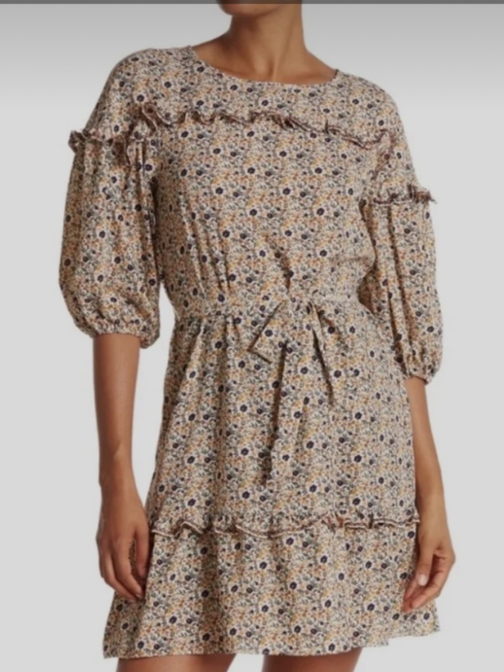 Max Studio Boho Ditsy Floral Print Self Tie Belted Elbow Sleeve Crepe Dress sz M